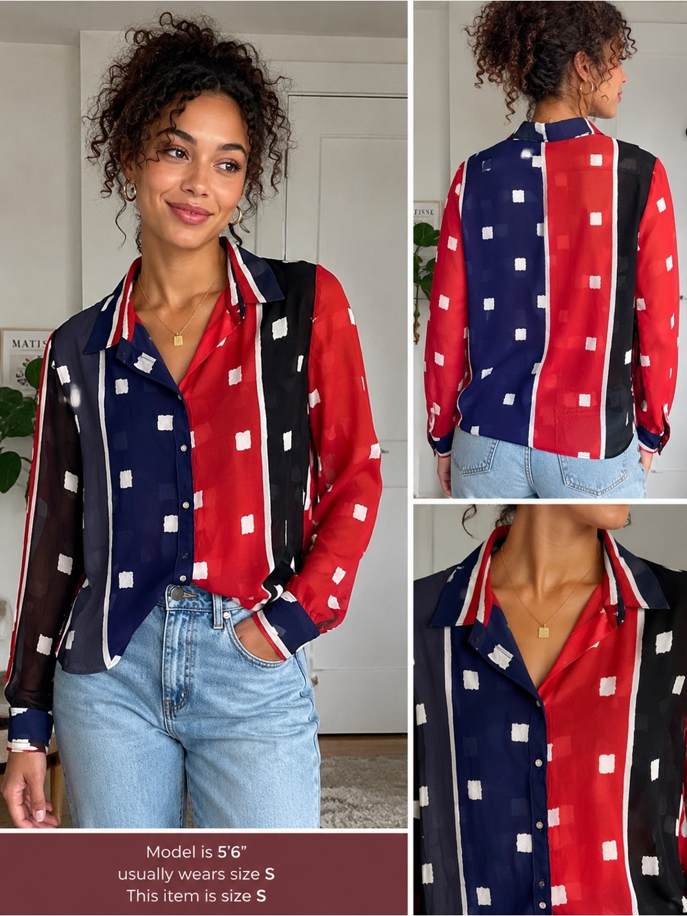 Vintage Stuart Lang Red Navy Black Sheer Button Down Blouse Size S